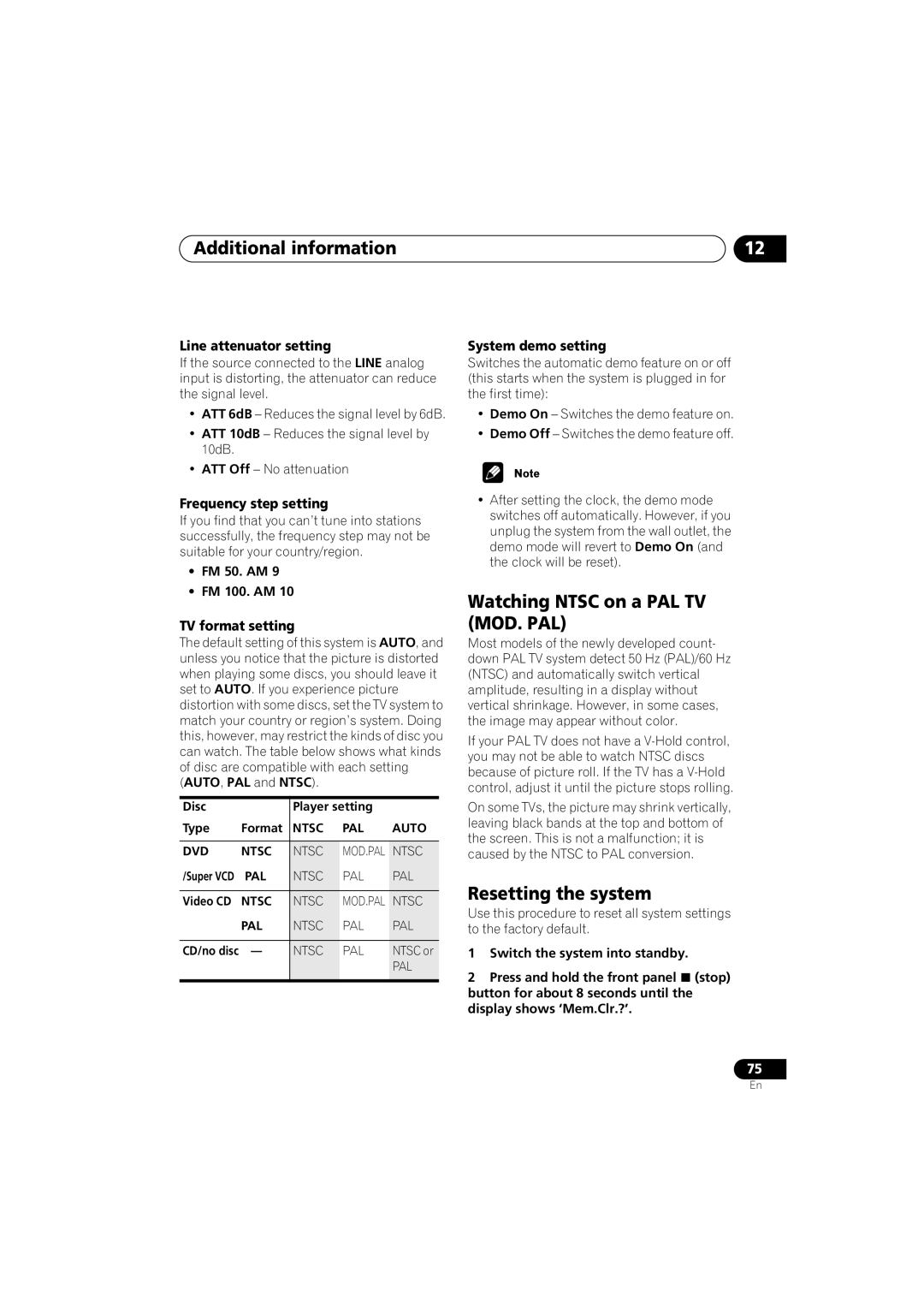 Pioneer S-DV9, XV-DV9 manual Additional information, Watching Ntsc on a PAL TV MOD. PAL, Resetting the system 