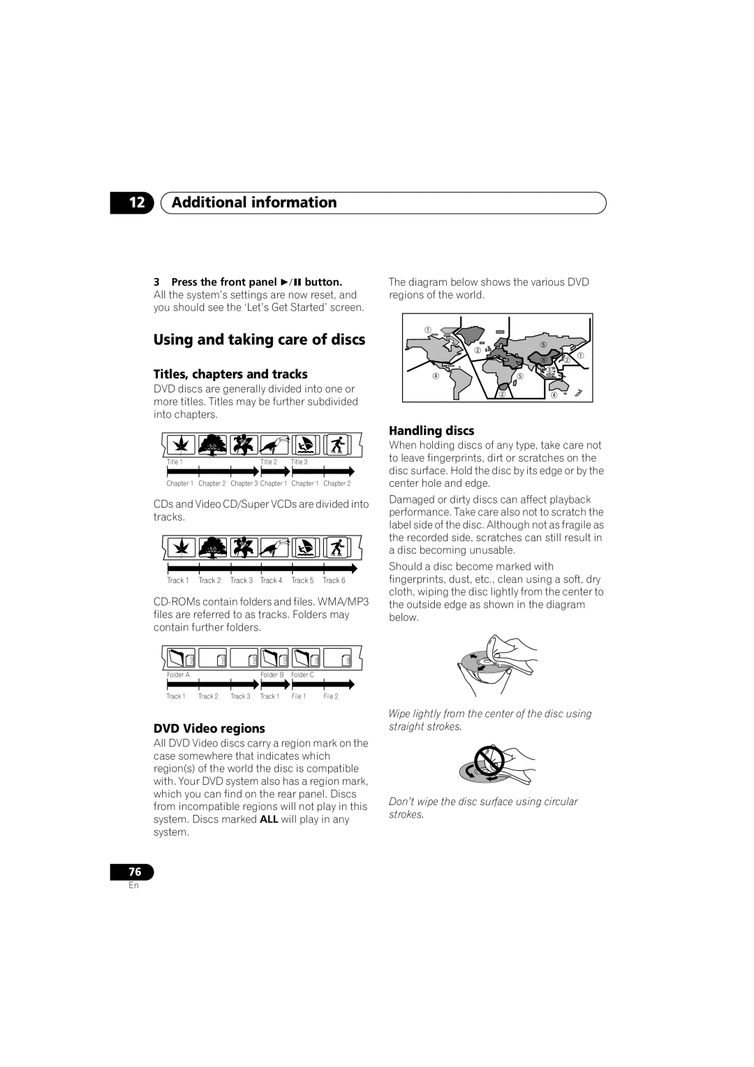 Pioneer XV-DV9, S-DV9 manual Using and taking care of discs, Titles, chapters and tracks, DVD Video regions, Handling discs 