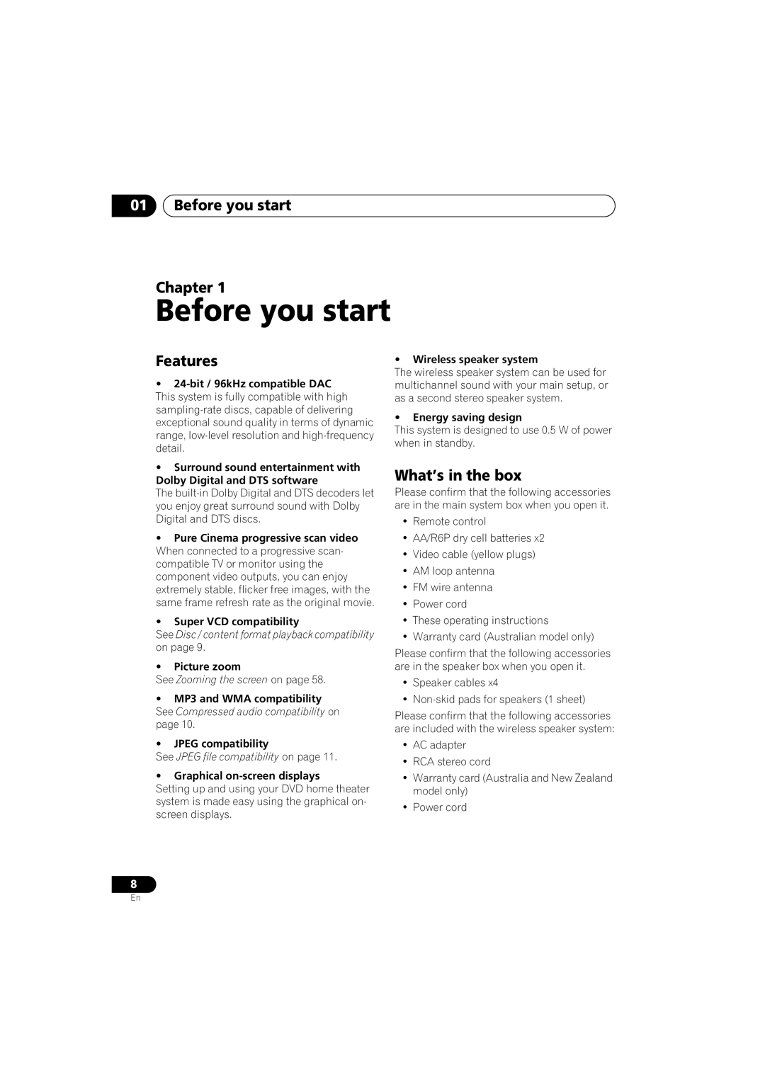 Pioneer XV-DV9, S-DV9 manual Before you start Chapter, Features, What’s in the box 