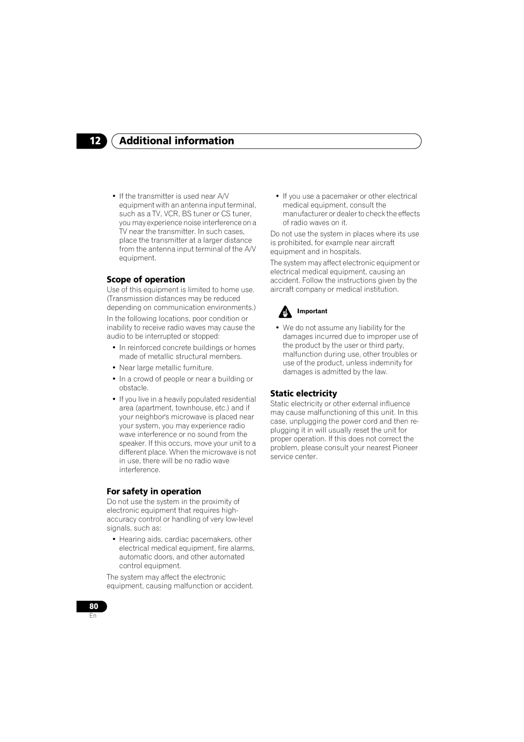 Pioneer XV-DV9, S-DV9 manual Scope of operation, For safety in operation, Static electricity 