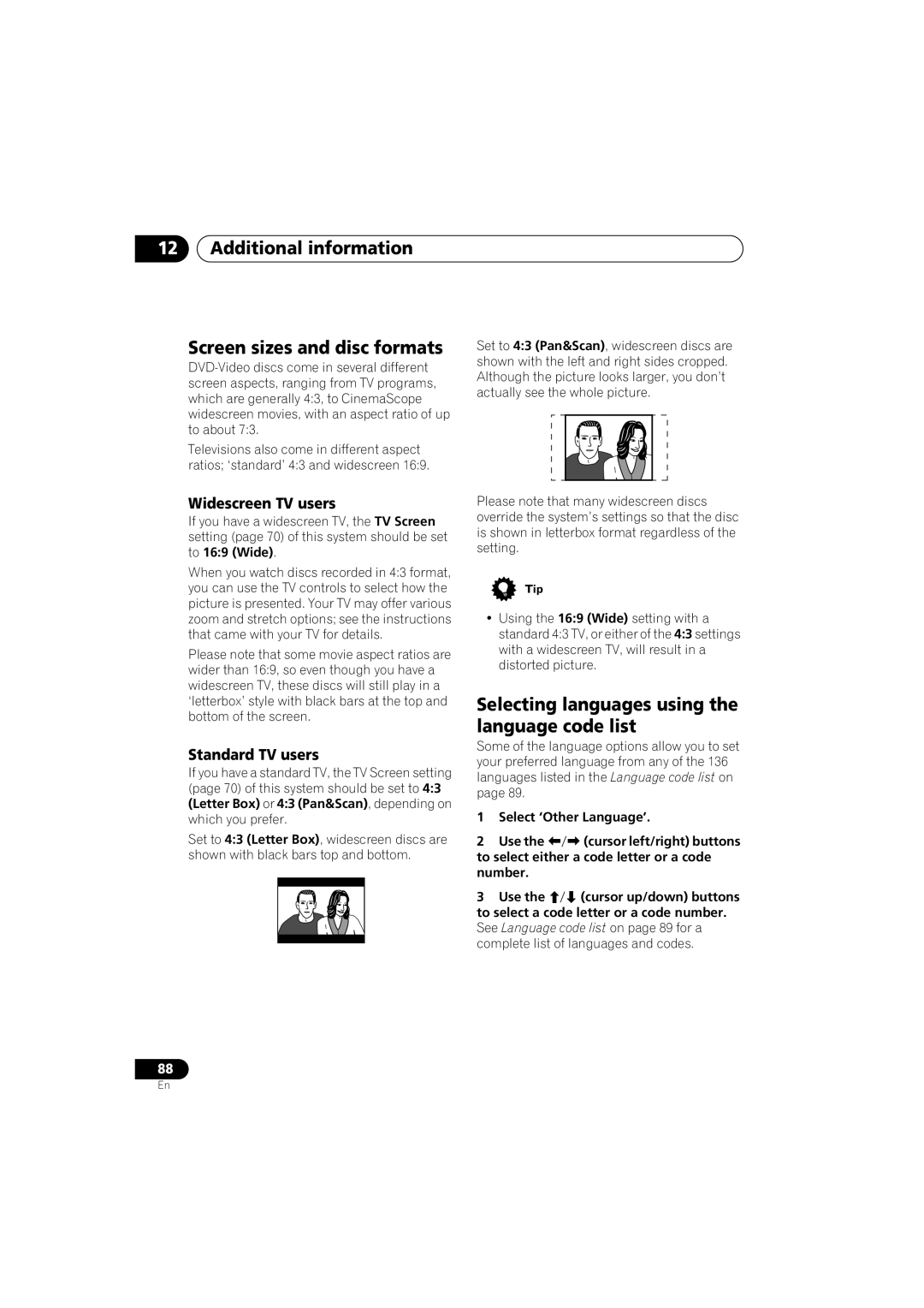 Pioneer XV-DV9 Additional information Screen sizes and disc formats, Selecting languages using the language code list 