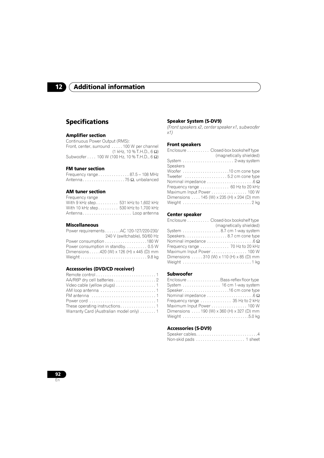 Pioneer XV-DV9, S-DV9 manual Additional information Specifications 