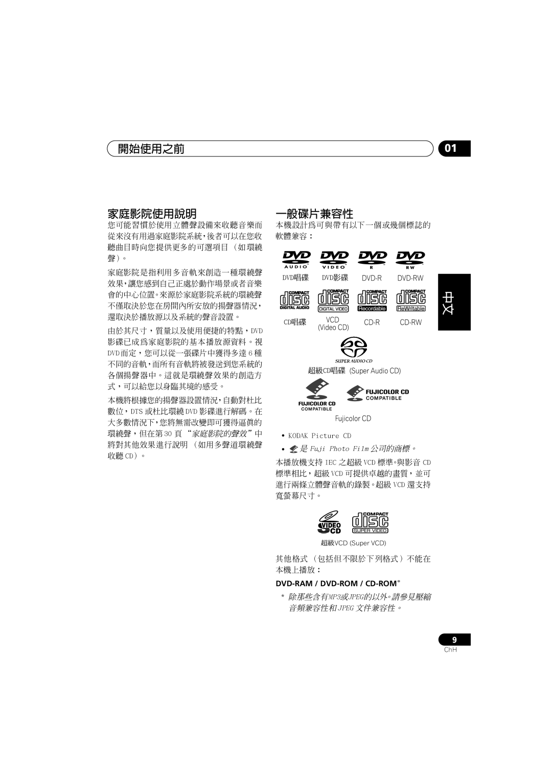 Pioneer XV-DV700, XV-DV900, S-DV900SW, S-DV700ST 本機設計為可與帶有以下一個或幾個標誌的 軟體兼容︰, Kodak Picture CD, 其他格式 （包括但不限於下列格式）不能在 本機上播放︰ 