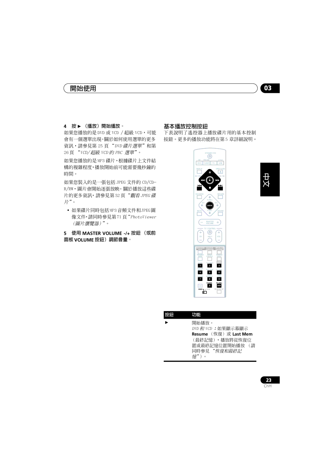 Pioneer S-DV700ST, XV-DV900 manual 基本播放控制按鈕, （播放）開始播放。, 使用 Master Volume -/+按鈕 （或前 面板 Volume 按鈕）調節音量。, Resume （恢復）或 Last Mem 