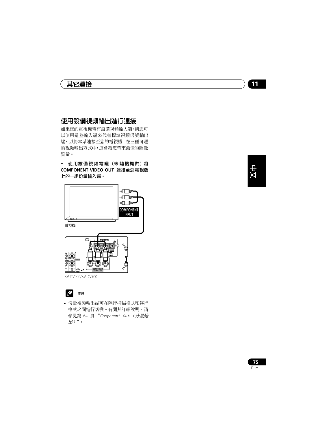 Pioneer XV-DV700, XV-DV900, S-DV900SW, S-DV700ST, S-DV700SW, S-DV900ST manual 其它連接 使用設備視頻輸出進行連接, 上的一組份量輸入端。 