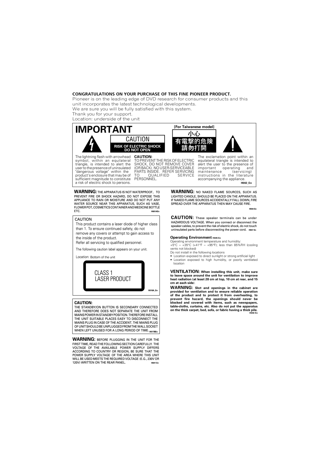 Pioneer S-DV900SW, XV-DV900, XV-DV700, S-DV700ST, S-DV700SW, S-DV900ST manual Risk of Electric Shock Do not Open 