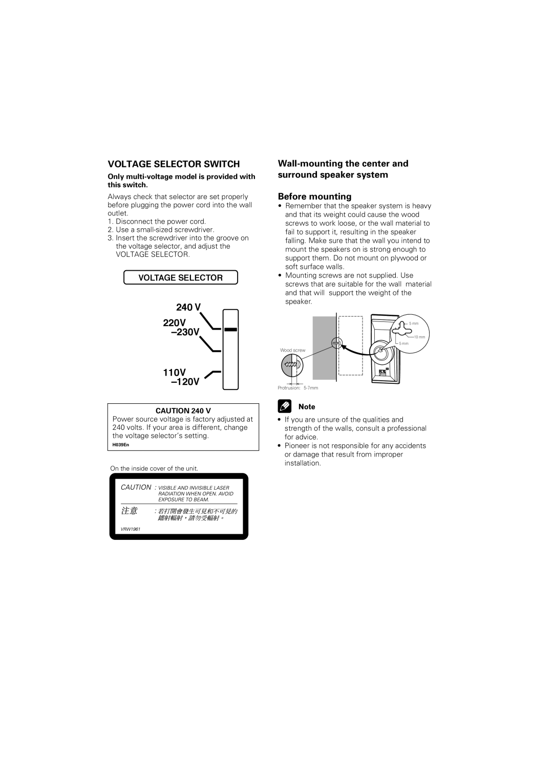 Pioneer S-DV700ST, XV-DV900, XV-DV700 manual Voltage Selector Switch, Only multi-voltage model is provided with this switch 