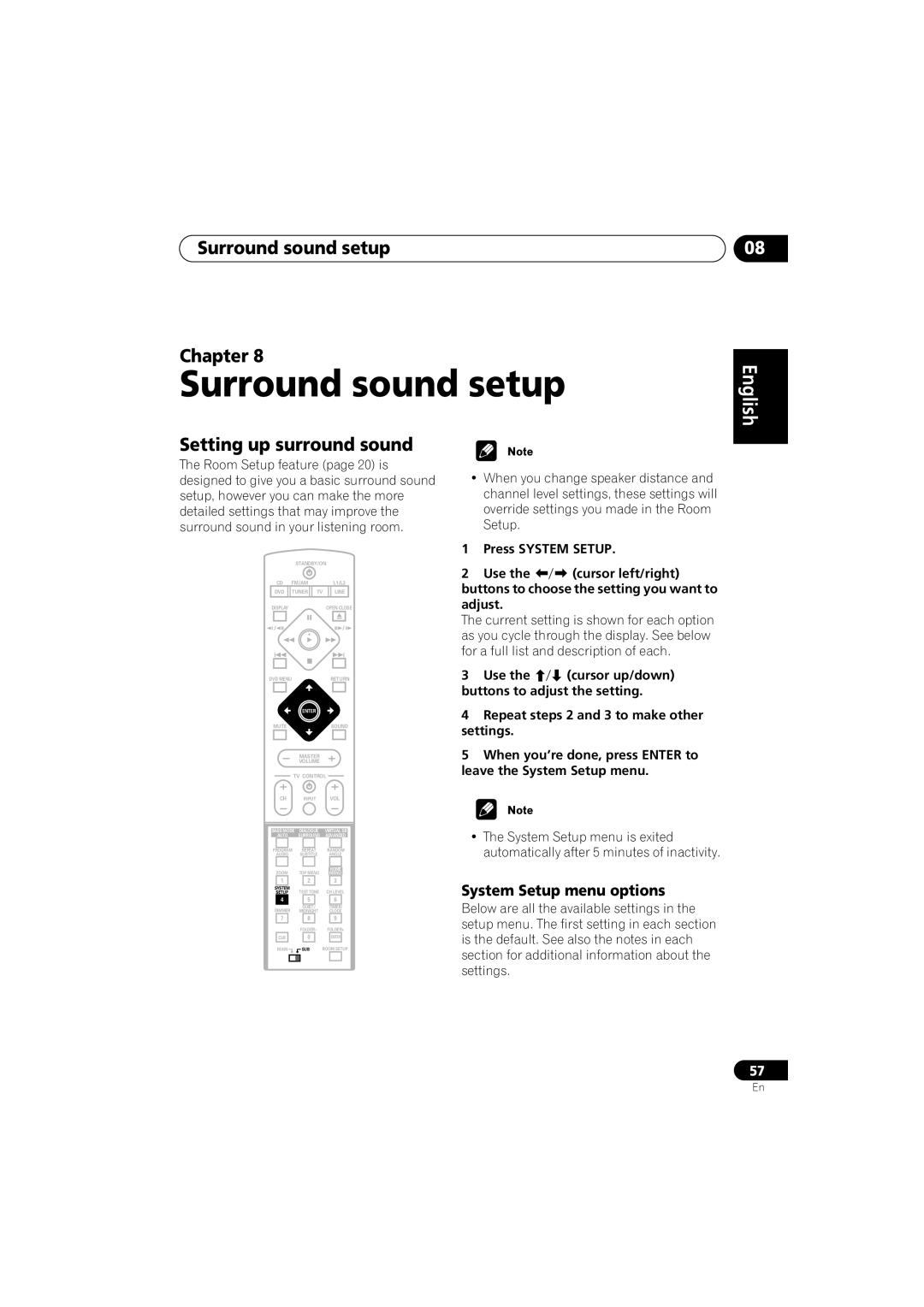Pioneer S-DV700ST manual Surround sound setup Chapter, English, Setting up surround sound, System Setup menu options 
