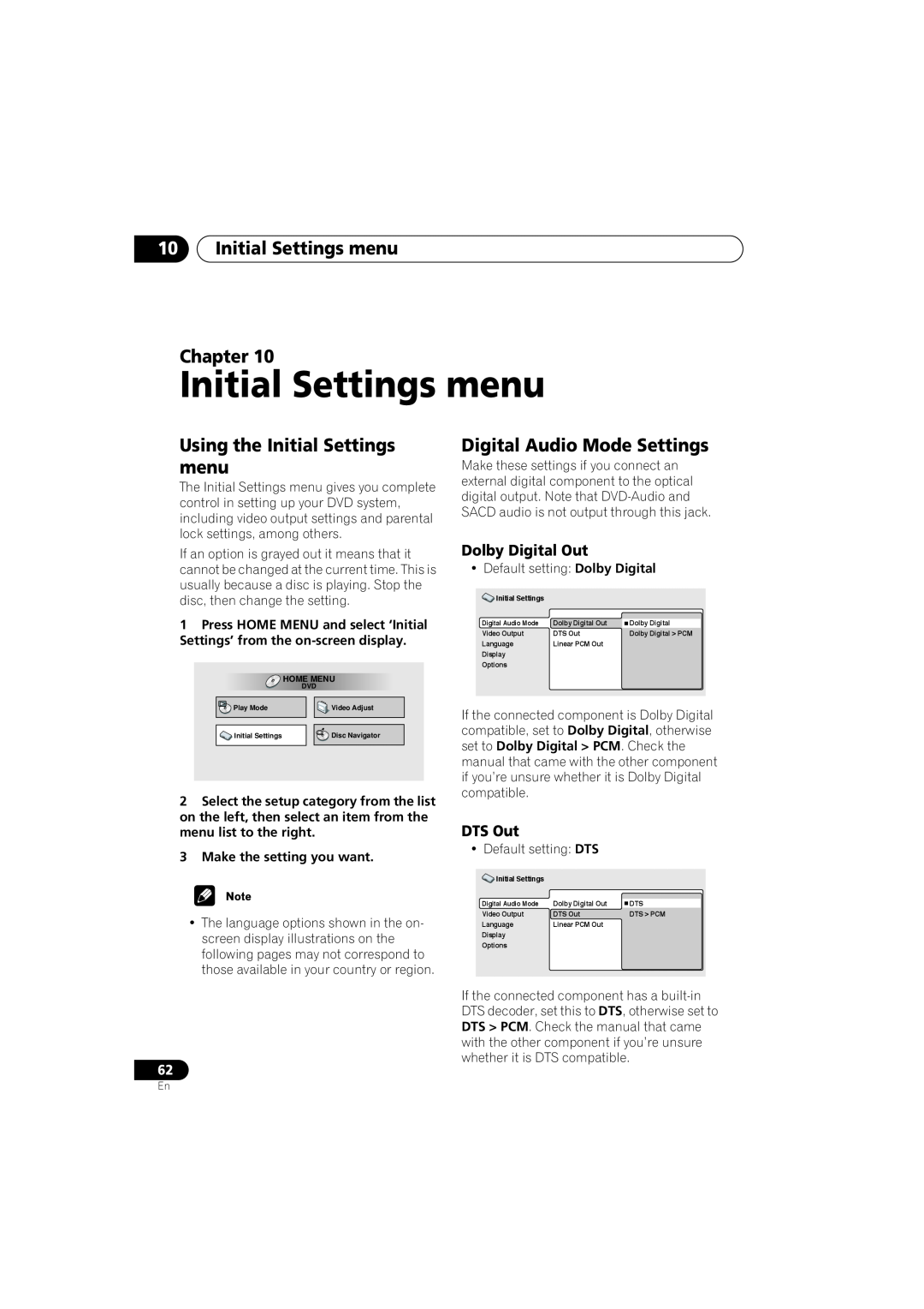Pioneer S-DV900SW manual 10Initial Settings menu Chapter, Using the Initial Settings menu, Digital Audio Mode Settings 