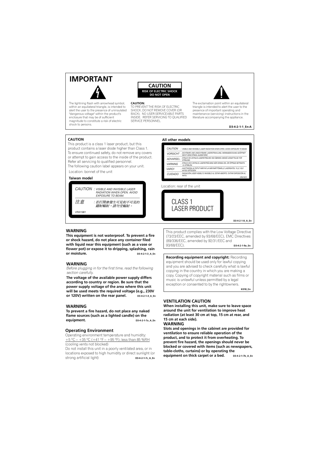 Pioneer S-EV500V, XV-EV700, XV-EV1000, S-EV700V, S-EV1000V, XV-EV500 Operating Environment, Ventilation Caution 