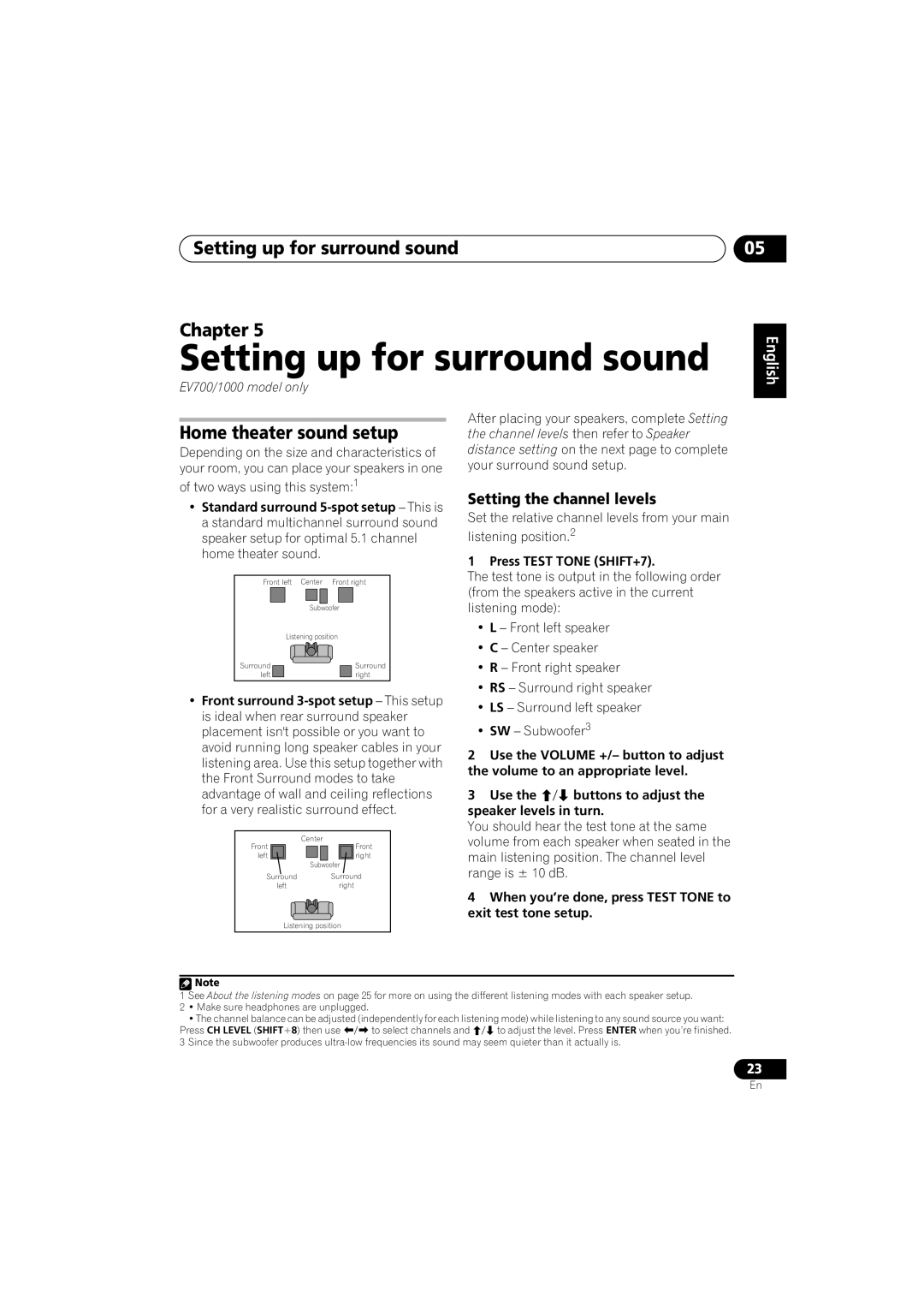 Pioneer XV-EV500, XV-EV700 Setting up for surround sound Chapter, Home theater sound setup, Setting the channel levels 