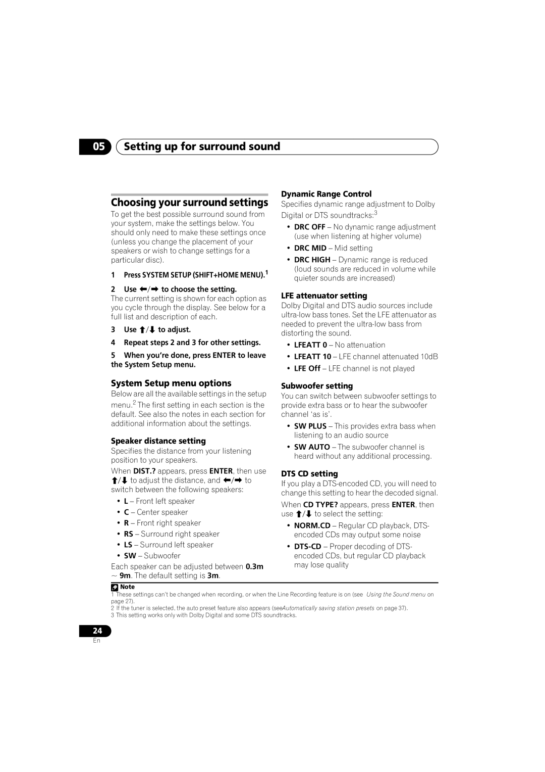 Pioneer XV-EV700, XV-EV1000, S-EV500V, S-EV700V, S-EV1000V, XV-EV500 Setting up for surround sound, System Setup menu options 