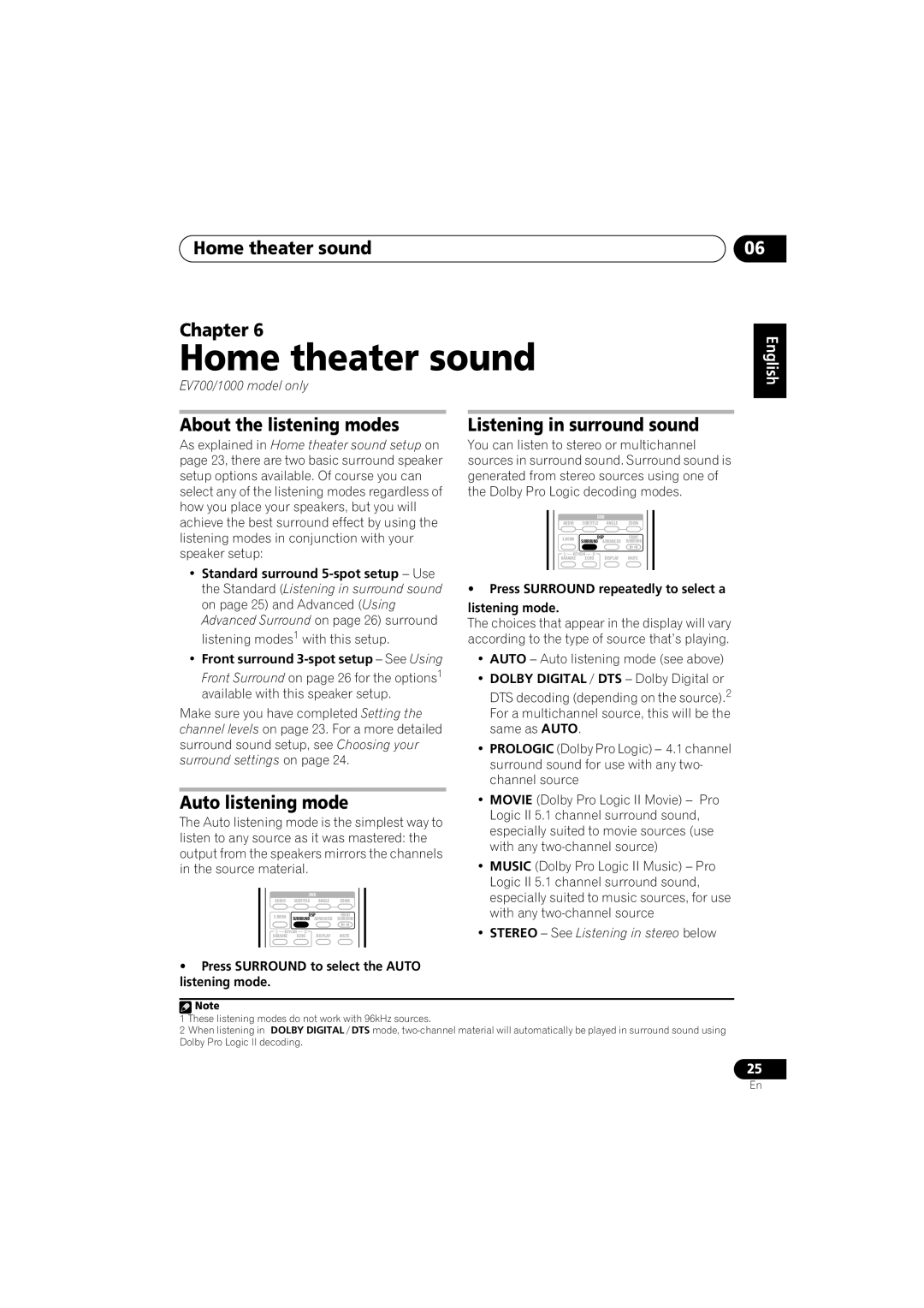 Pioneer XV-EV1000, XV-EV700 Home theater sound Chapter, About the listening modes, Listening in surround sound 