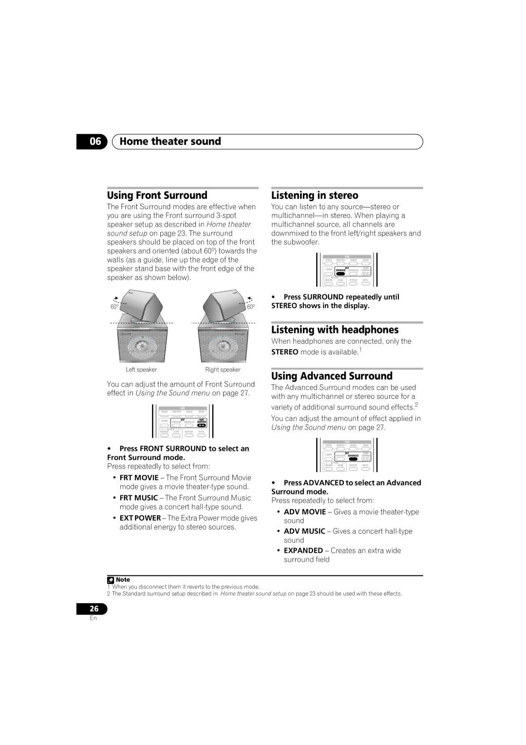 Pioneer S-EV500V, XV-EV700 Home theater sound Using Front Surround, Listening in stereo, Listening with headphones 