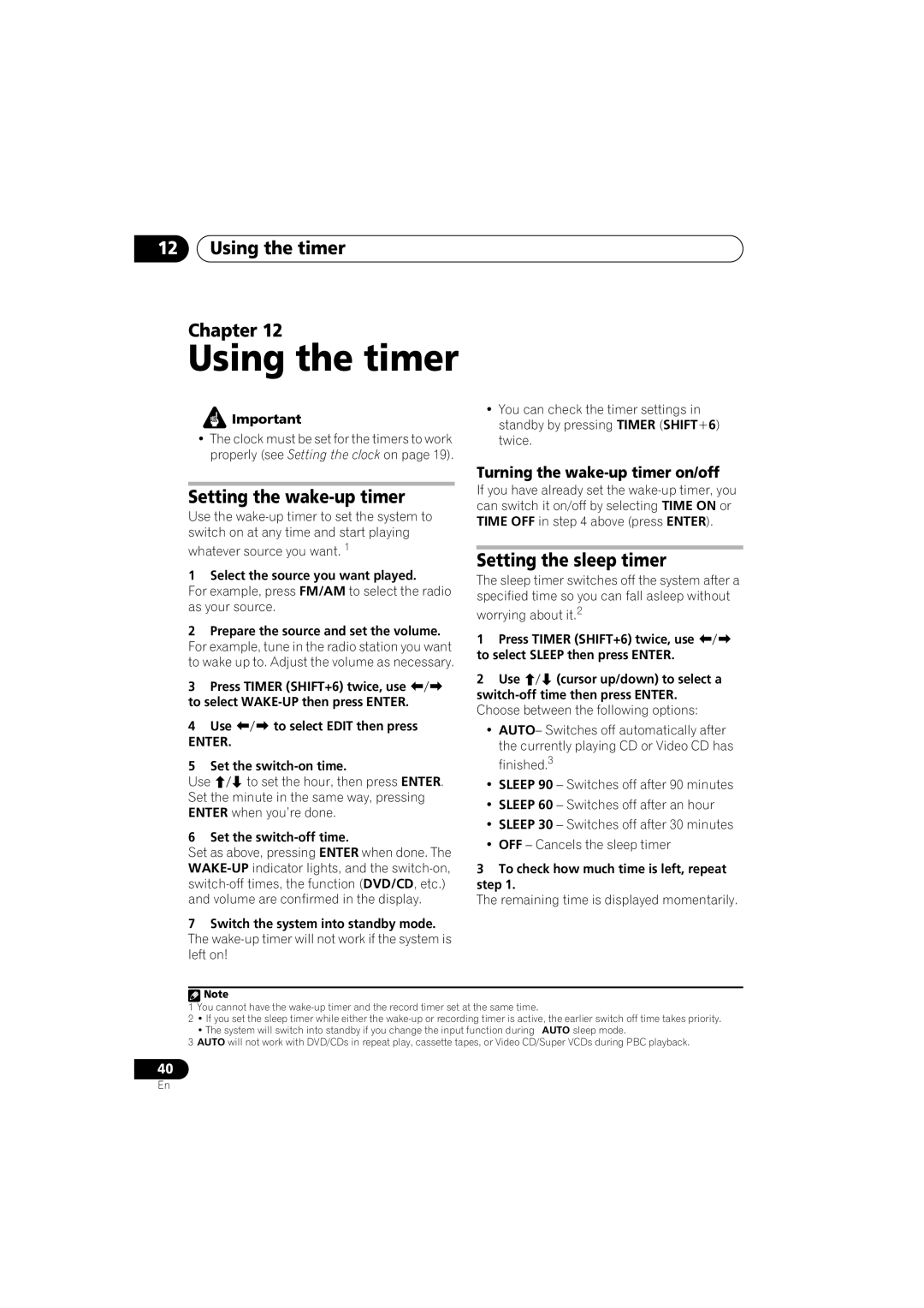 Pioneer S-EV1000V, XV-EV700, XV-EV1000 Using the timer Chapter, Setting the wake-up timer, Setting the sleep timer 