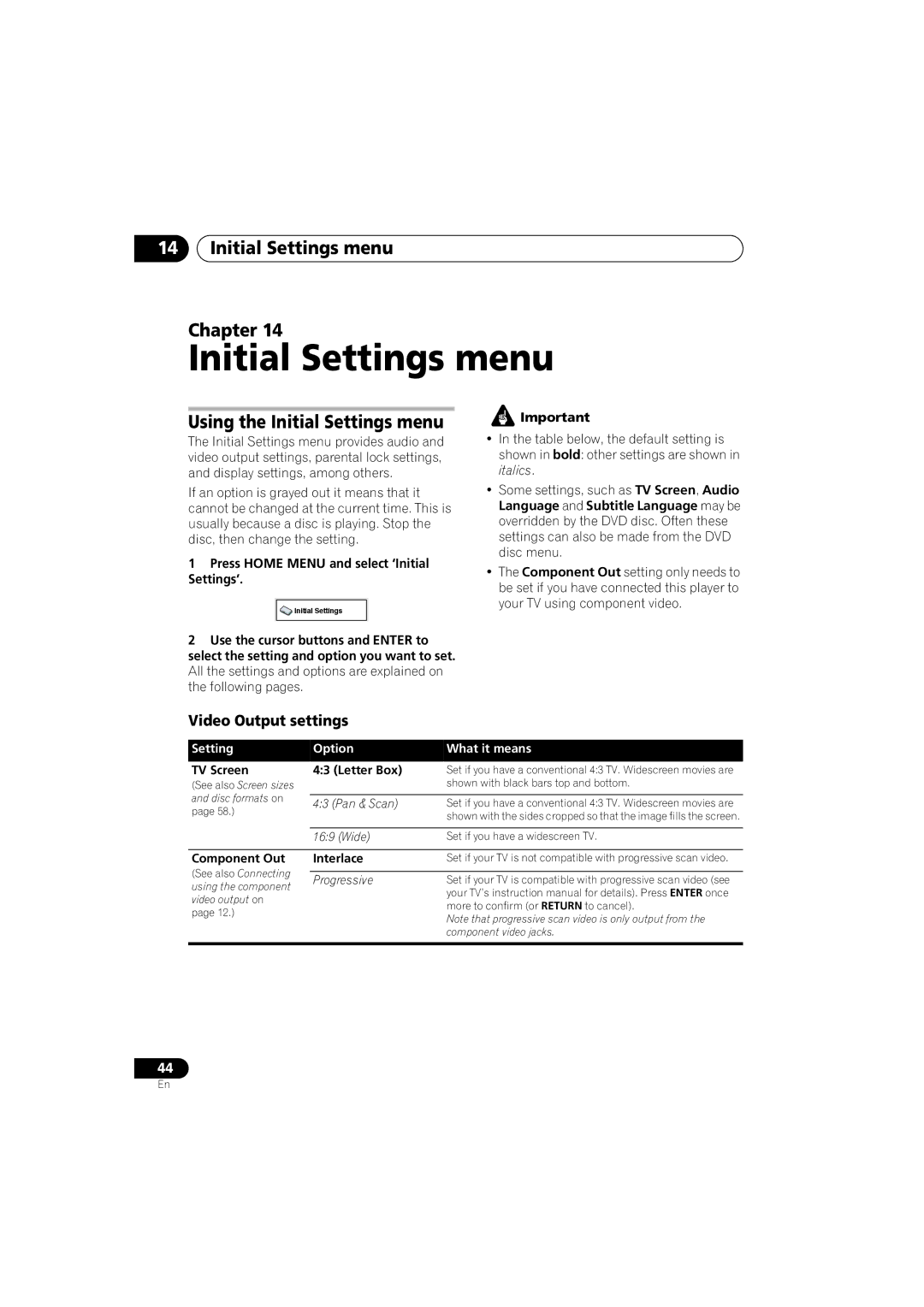 Pioneer S-EV500V, XV-EV700 Initial Settings menu Chapter, Using the Initial Settings menu, Video Output settings 