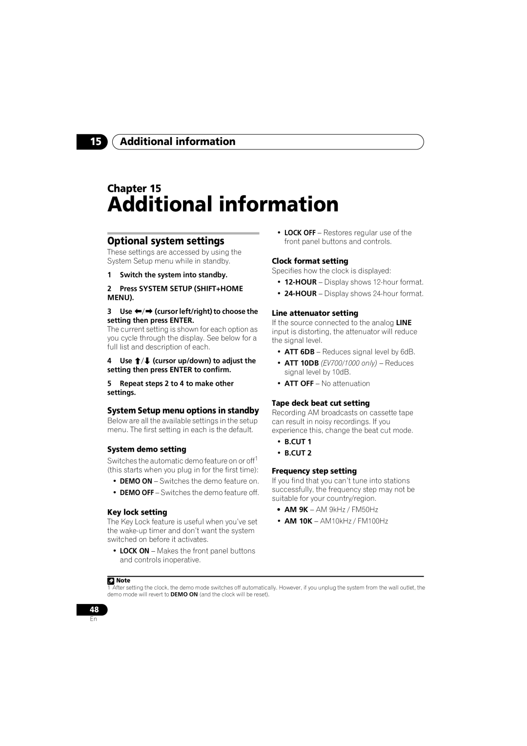 Pioneer XV-EV700 Additional information Chapter, Optional system settings, System Setup menu options in standby 