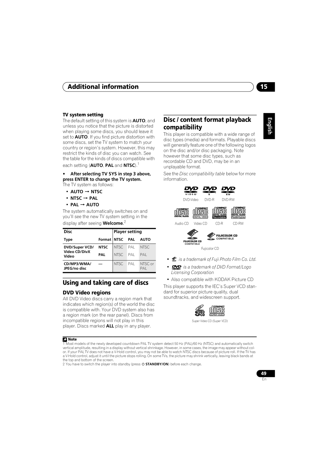 Pioneer XV-EV1000 Additional information, Disc / content format playback compatibility, Using and taking care of discs 