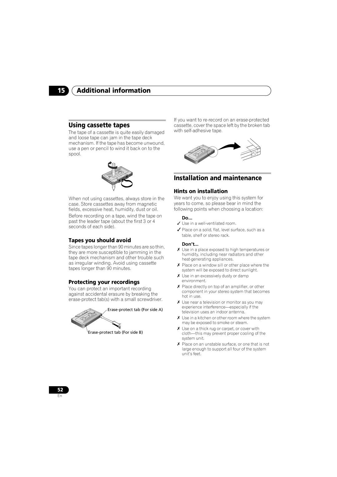 Pioneer S-EV1000V Additional information Using cassette tapes, Installation and maintenance, Tapes you should avoid 