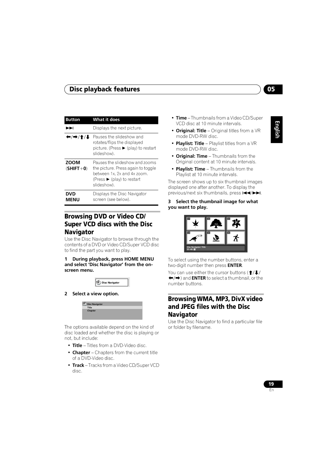 Pioneer S-GX3V Disc playback features, Zoom, Select a view option, Select the thumbnail image for what you want to play 