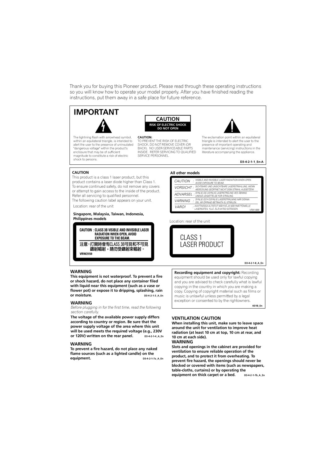 Pioneer XV-GX3, S-GX3V manual Ventilation Caution, Risk of Electric Shock Do not Open 