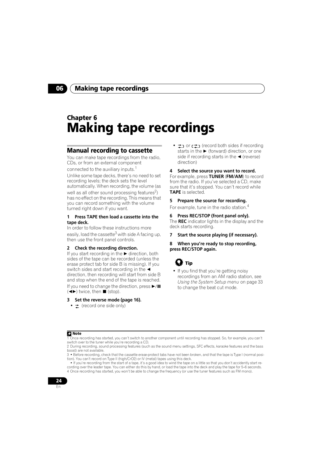 Pioneer XV-GX3, S-GX3V manual Making tape recordings Chapter, Manual recording to cassette 