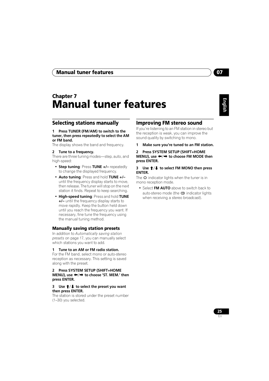 Pioneer S-GX3V, XV-GX3 Manual tuner features Chapter, Selecting stations manually, Improving FM stereo sound 