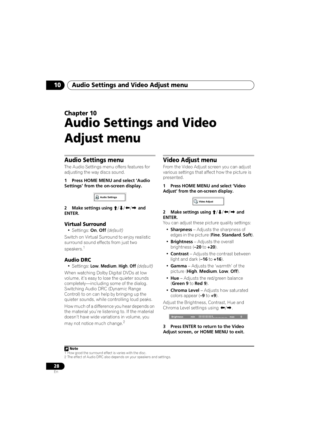 Pioneer XV-GX3, S-GX3V manual Audio Settings and Video Adjust menu Chapter, Audio Settings menu 