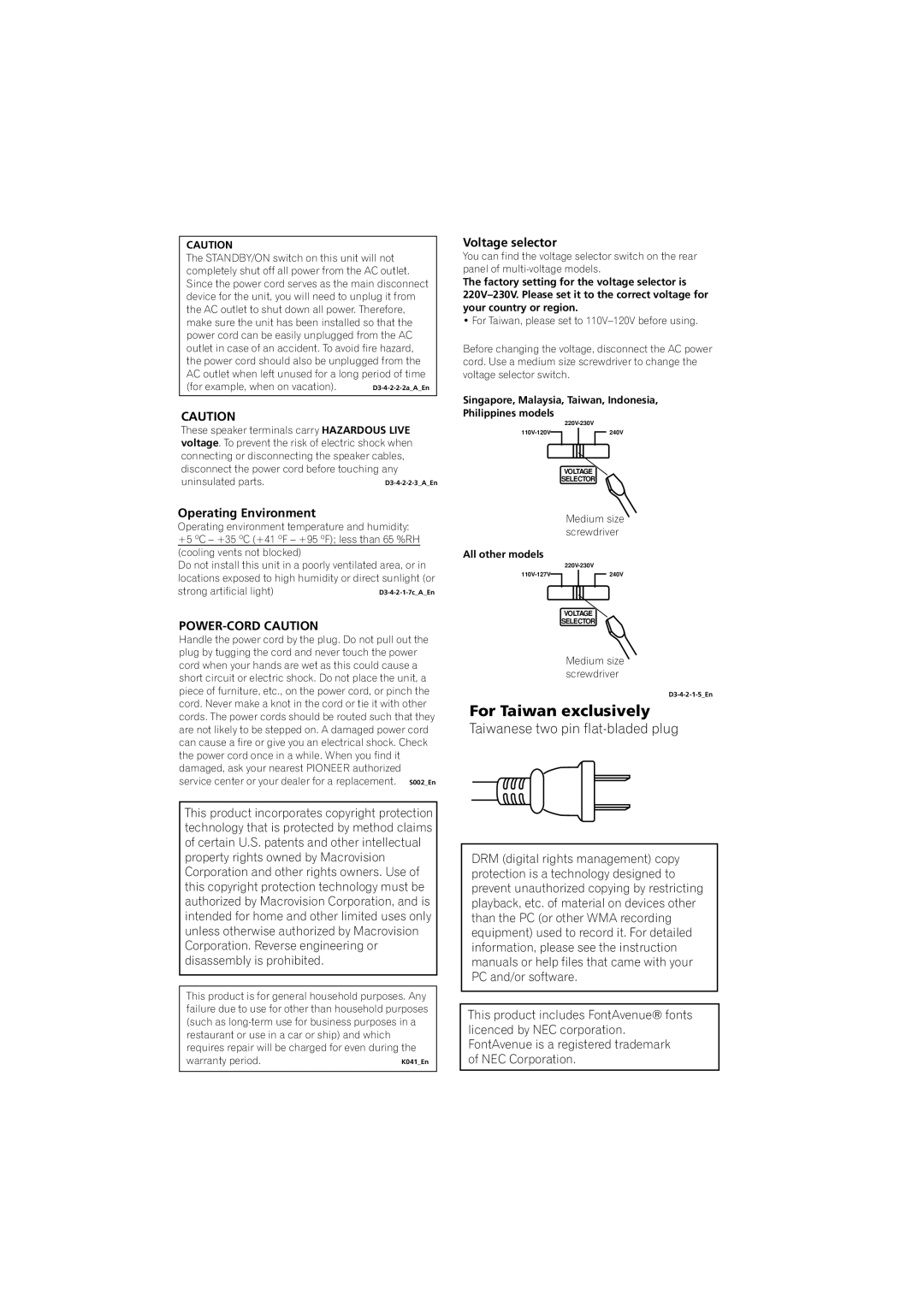 Pioneer S-GX3V, XV-GX3 manual For Taiwan exclusively, Operating Environment, POWER-CORD Caution, Voltage selector 