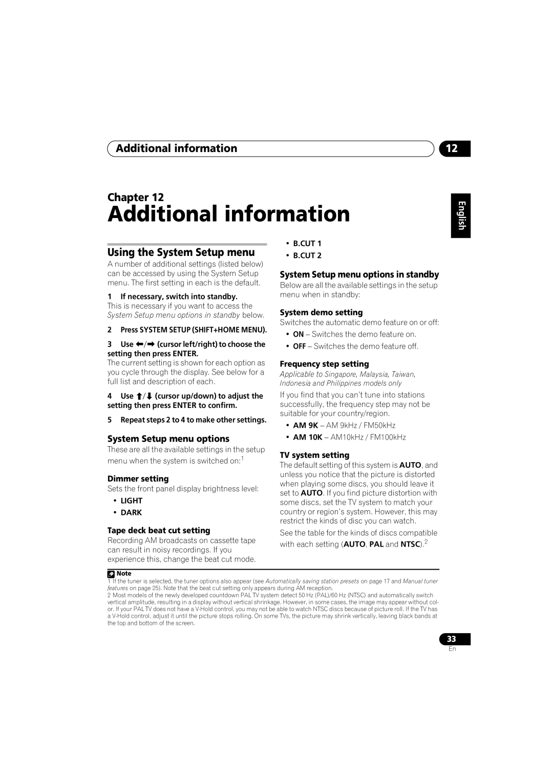 Pioneer S-GX3V manual Additional information Chapter, Using the System Setup menu, System Setup menu options in standby 