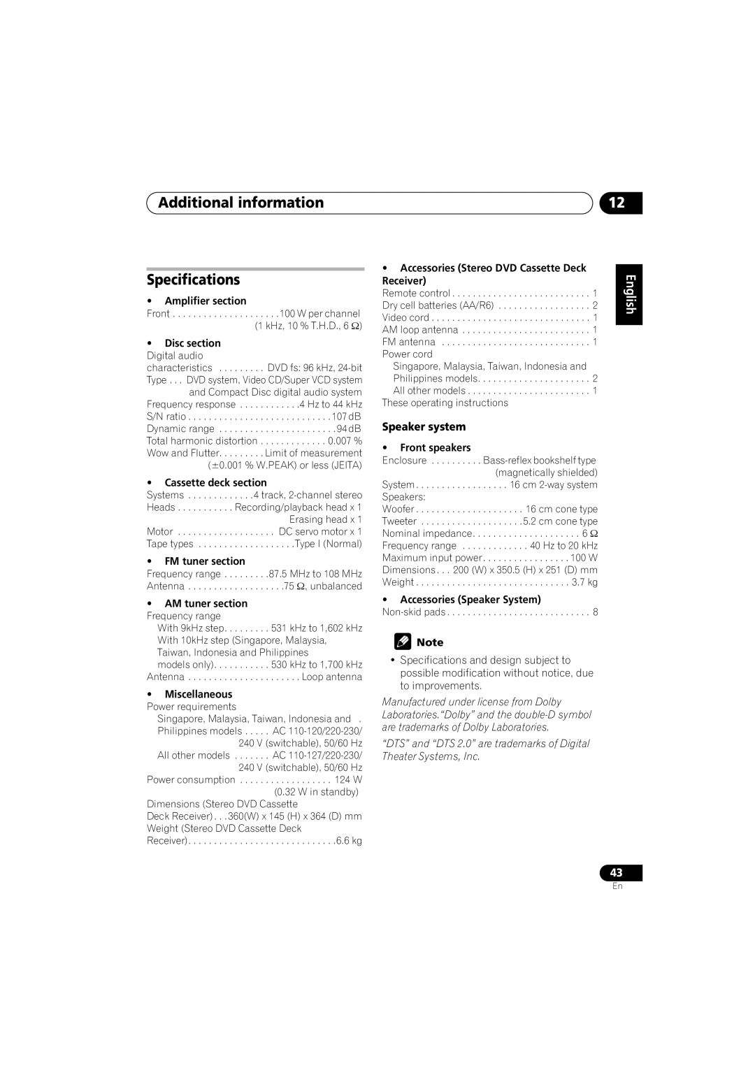 Pioneer S-GX3V, XV-GX3 manual Additional information Specifications, Speaker system 