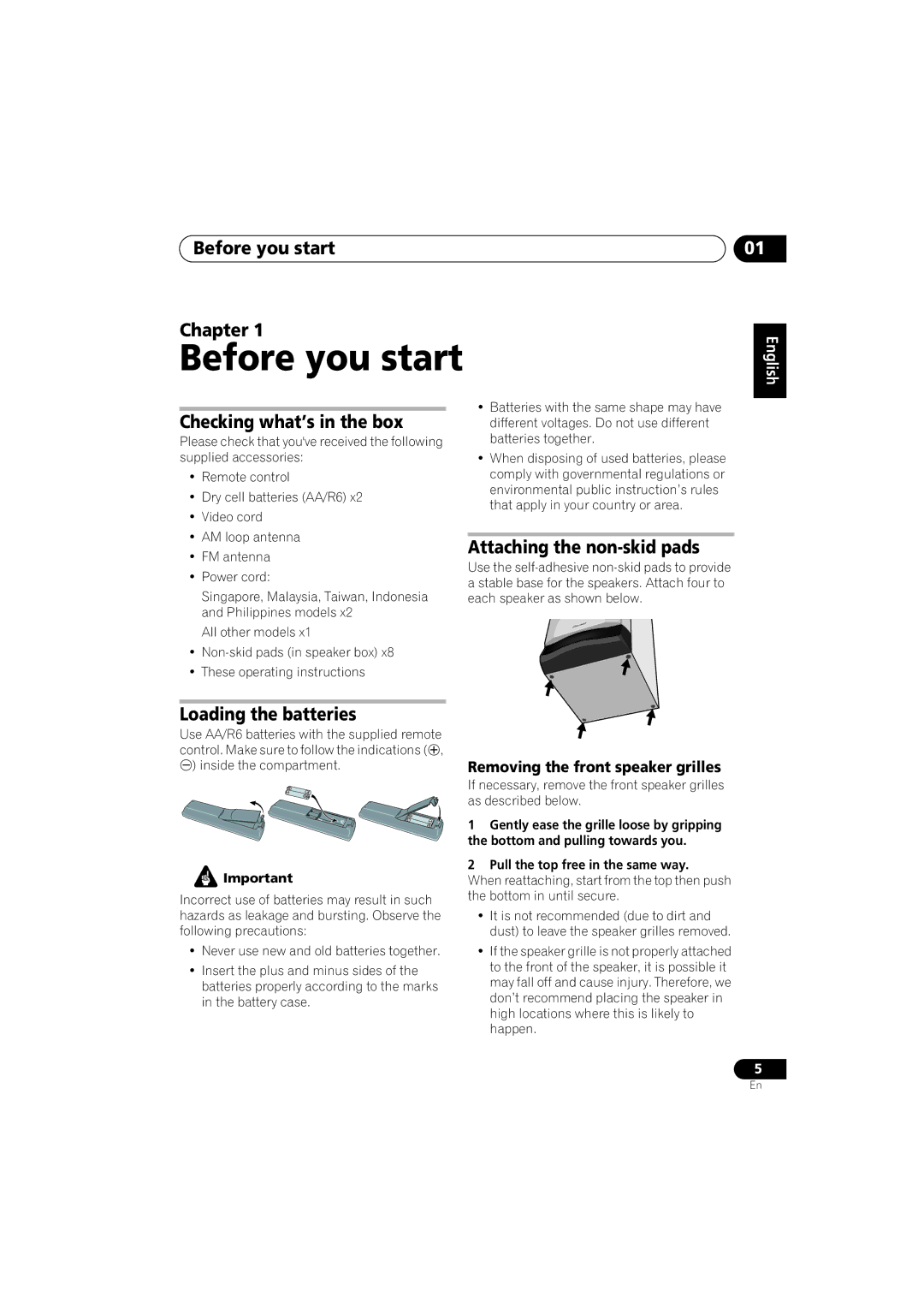 Pioneer S-GX3V, XV-GX3 manual Before you start Chapter, Checking what’s in the box, Loading the batteries 