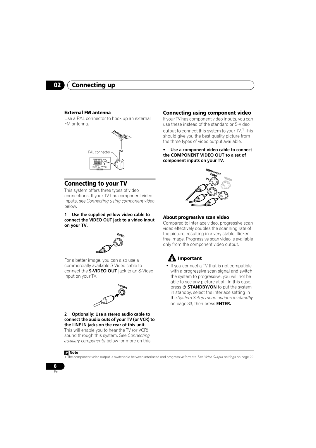 Pioneer XV-GX3 Connecting to your TV, Connecting using component video, External FM antenna, About progressive scan video 