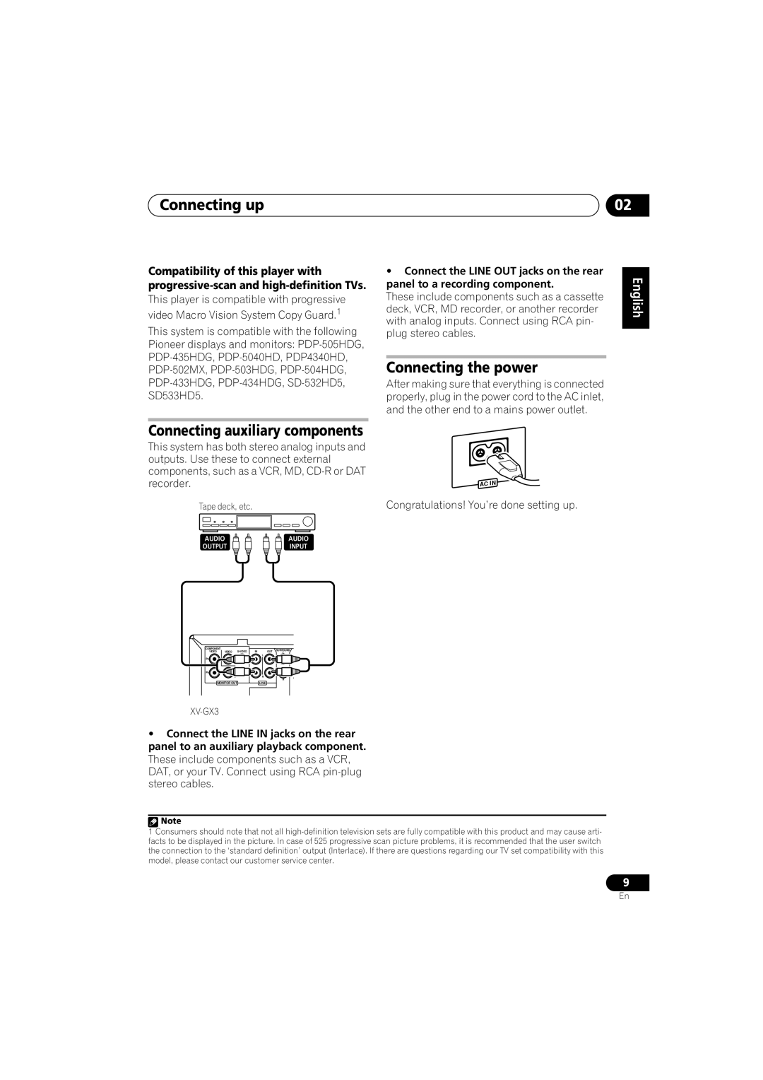 Pioneer S-GX3V, XV-GX3 manual Connecting the power, Connecting auxiliary components 