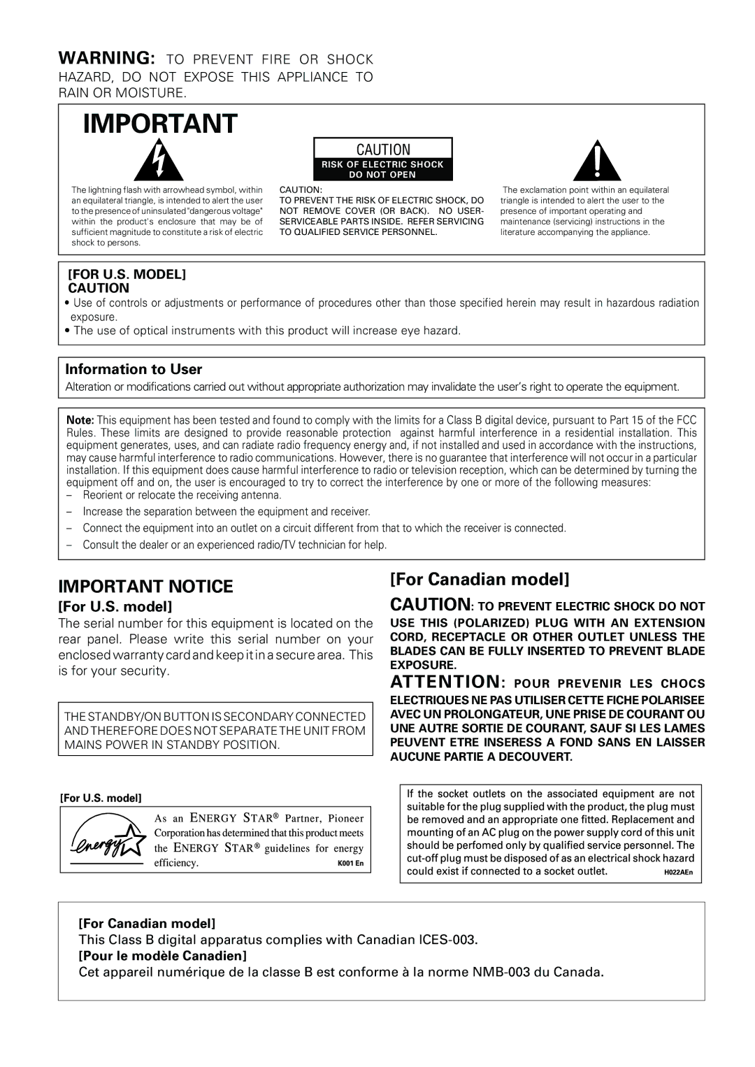 Pioneer XV-HTD510, S-HTD510 operating instructions Important Notice 