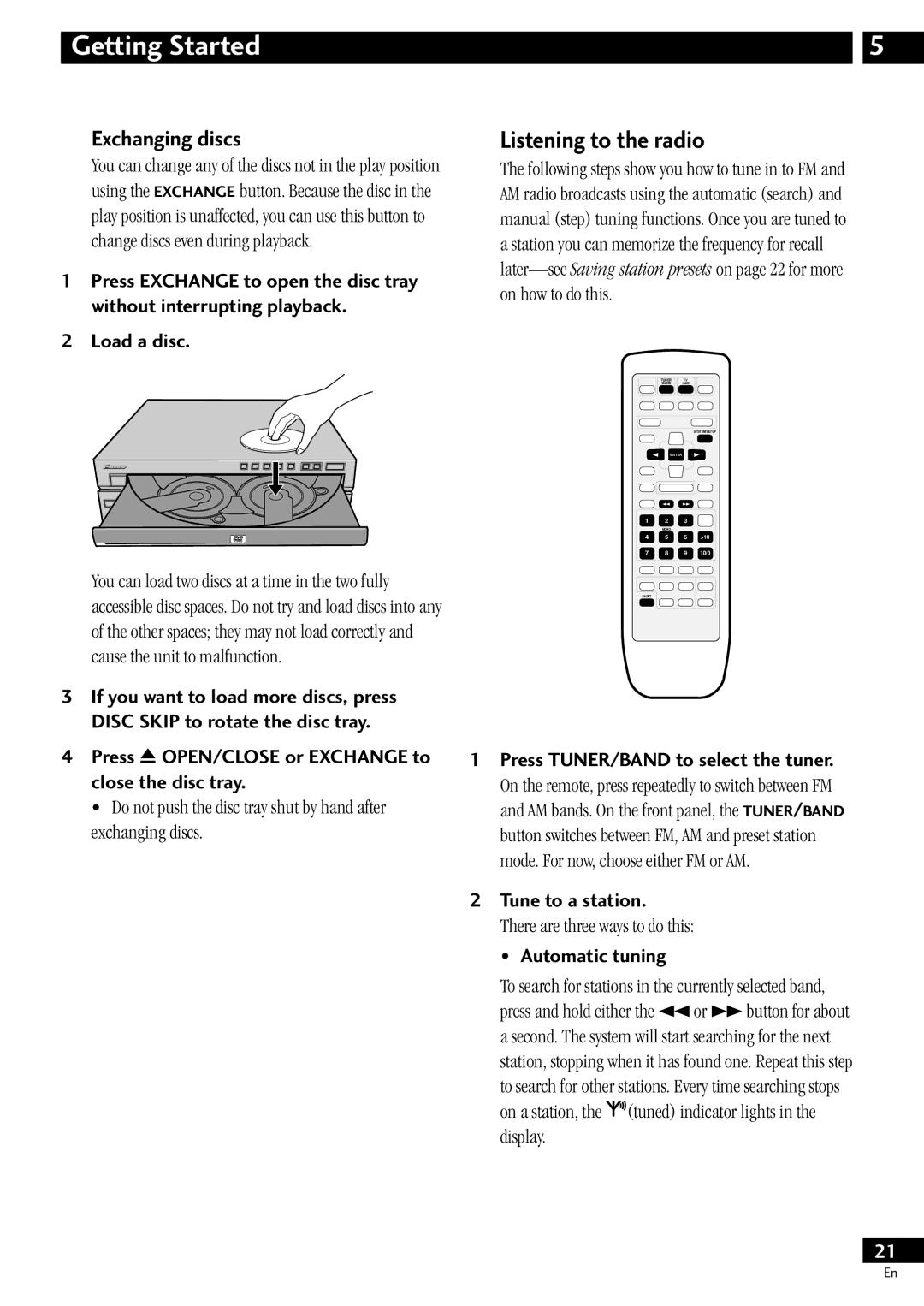 Pioneer S-HTD510, XV-HTD510 operating instructions Listening to the radio, Exchanging discs 