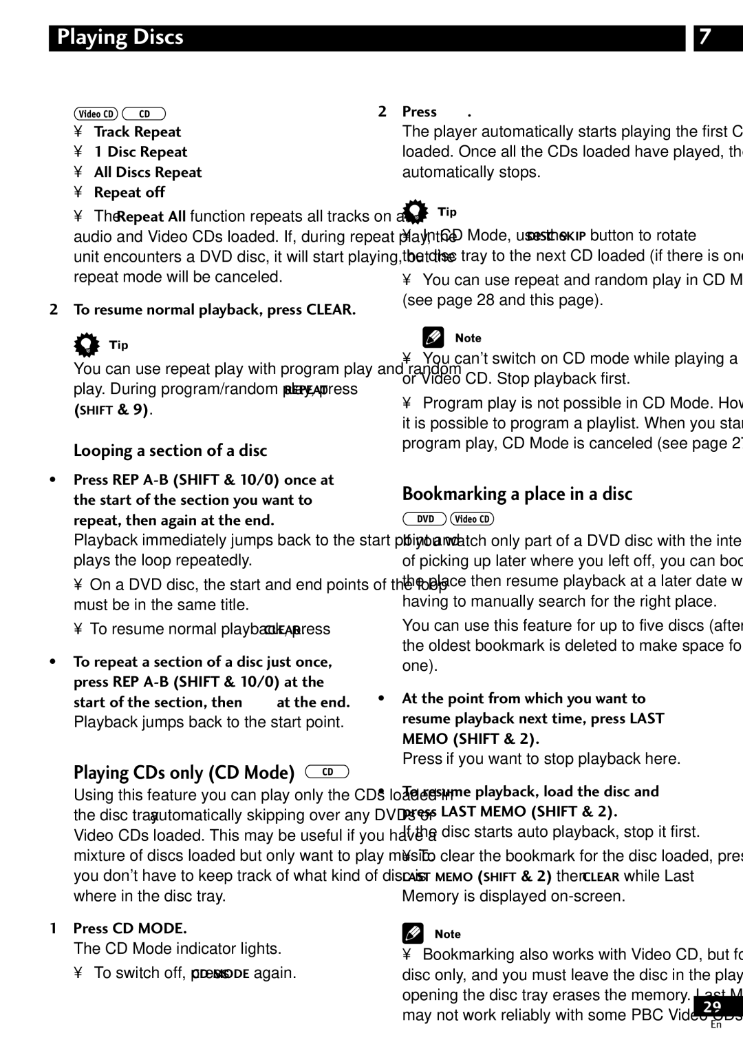 Pioneer S-HTD510, XV-HTD510 Bookmarking a place in a disc, Looping a section of a disc, Playing CDs only CD Mode 