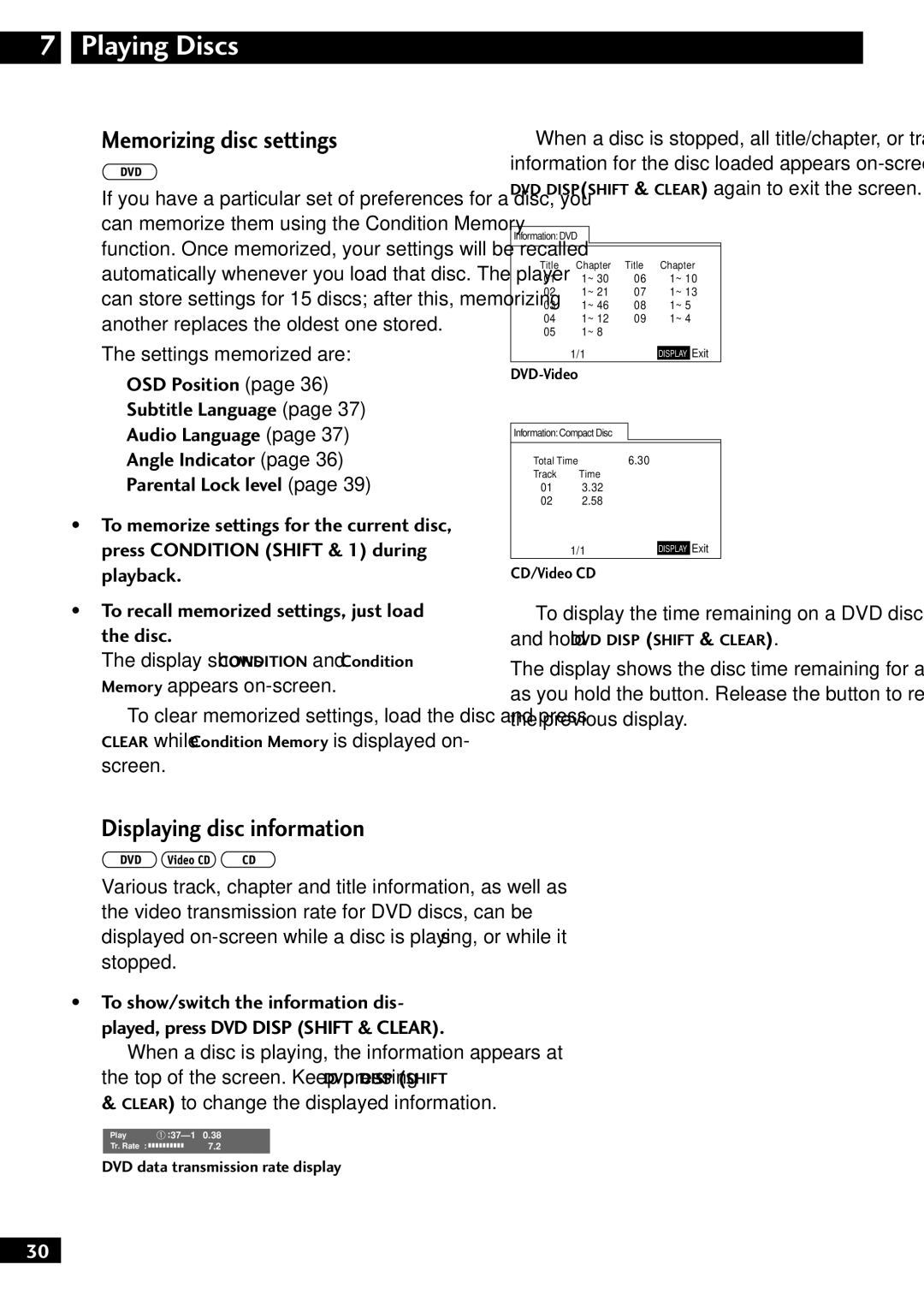 Pioneer XV-HTD510, S-HTD510 Memorizing disc settings, Displaying disc information, Settings memorized are 