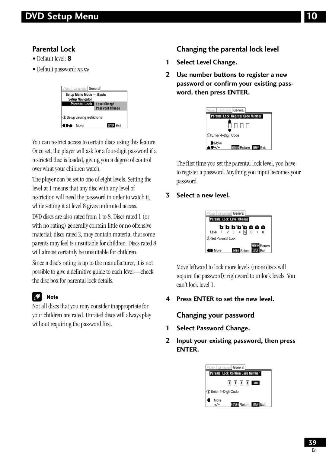 Pioneer S-HTD510, XV-HTD510 operating instructions Parental Lock, Changing the parental lock level, Changing your password 