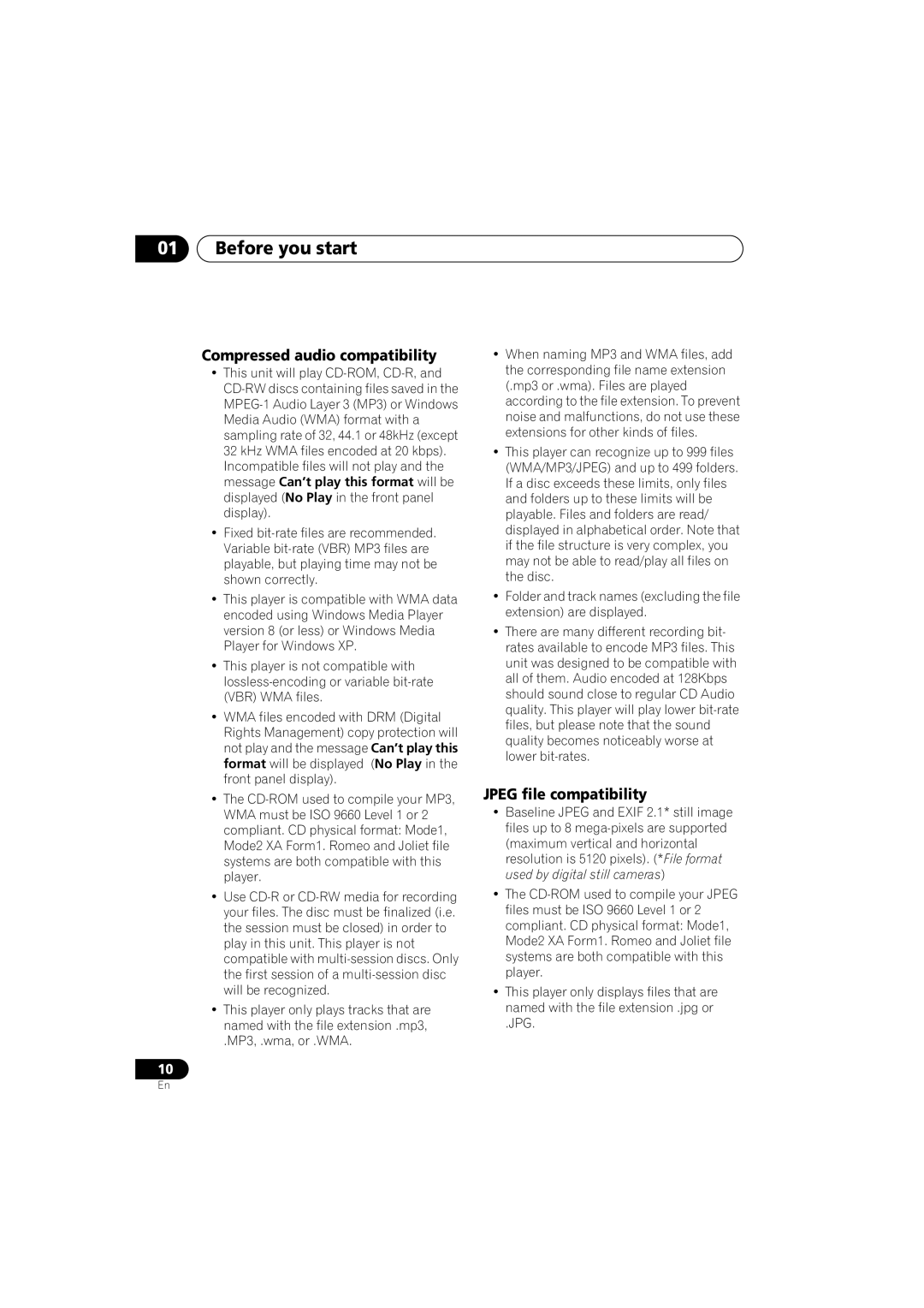 Pioneer XV-DV515, XW-DV515, S-DV515 operating instructions Compressed audio compatibility, Jpeg file compatibility 