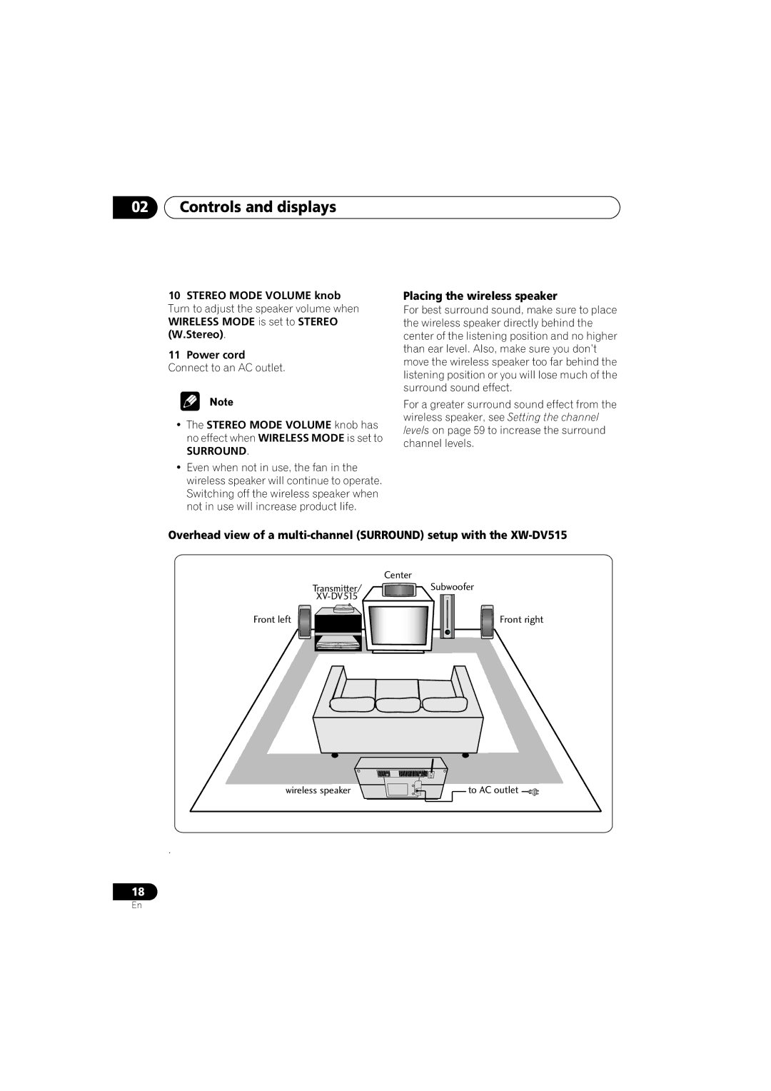 Pioneer XW-DV515, XV-DV515 Placing the wireless speaker, Stereo Mode Volume knob, Power cord, Connect to an AC outlet 