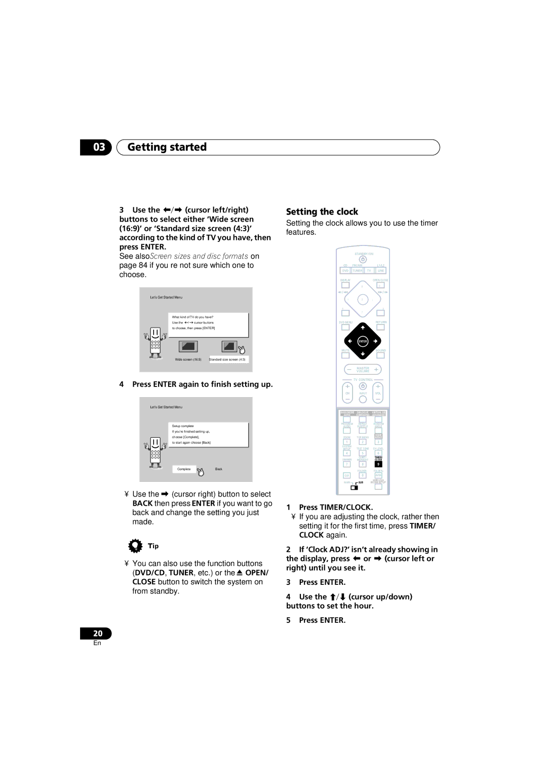 Pioneer S-DV515, XW-DV515 Getting started, Setting the clock, Press Enter again to finish setting up, Press TIMER/CLOCK 