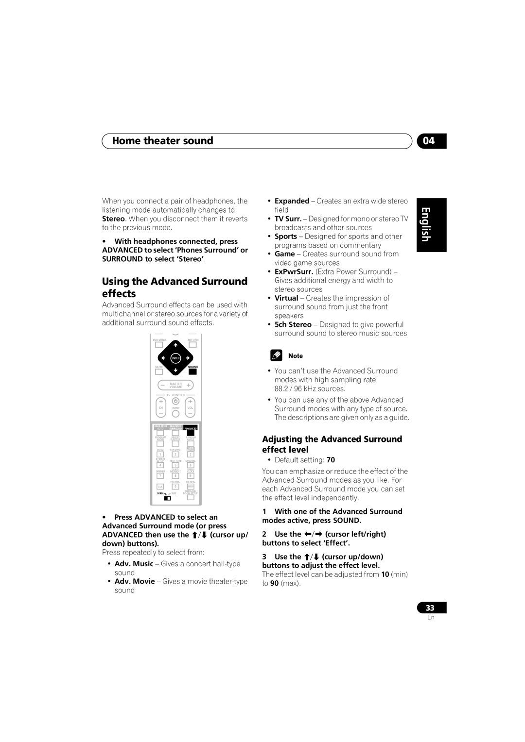 Pioneer XW-DV515, XV-DV515, S-DV515 Using the Advanced Surround effects, Adjusting the Advanced Surround Effect level 