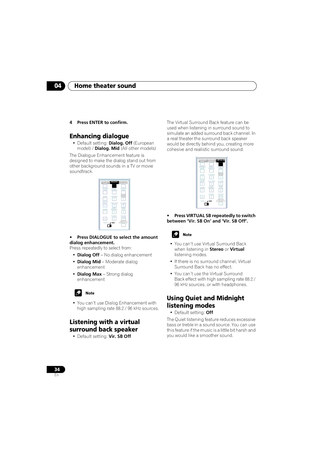 Pioneer XV-DV515, XW-DV515, S-DV515 operating instructions Enhancing dialogue, Listening with a virtual surround back speaker 