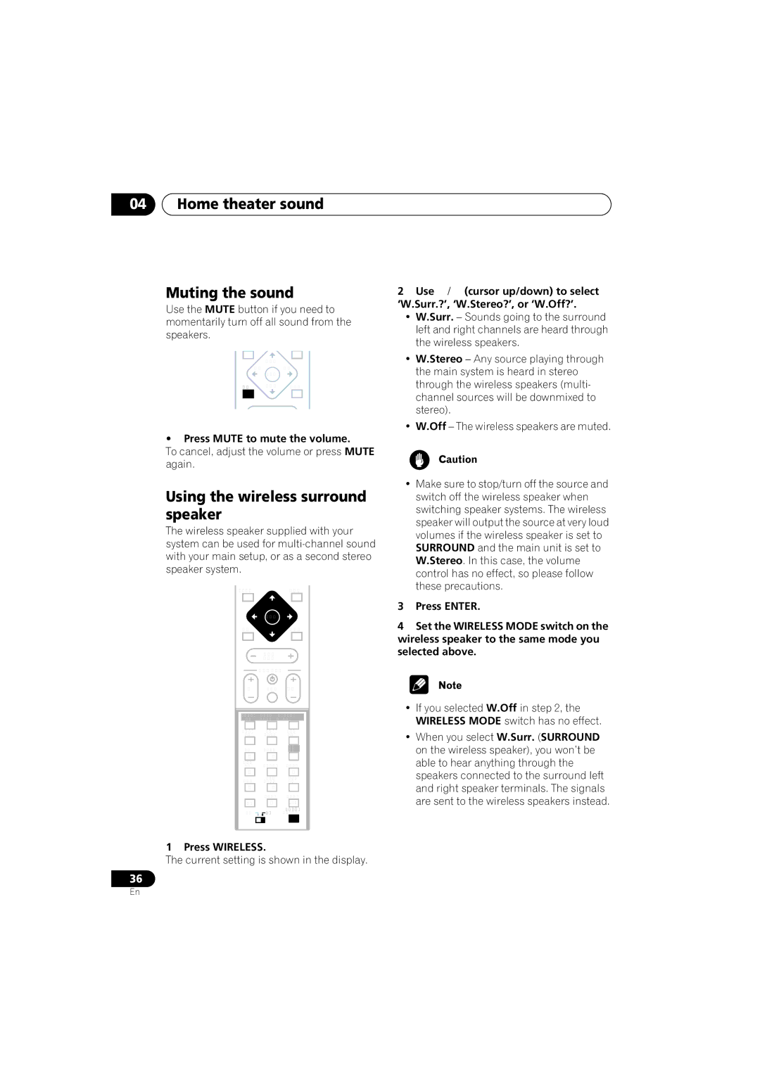 Pioneer XW-DV515 Home theater sound Muting the sound, Using the wireless surround speaker, Press Mute to mute the volume 