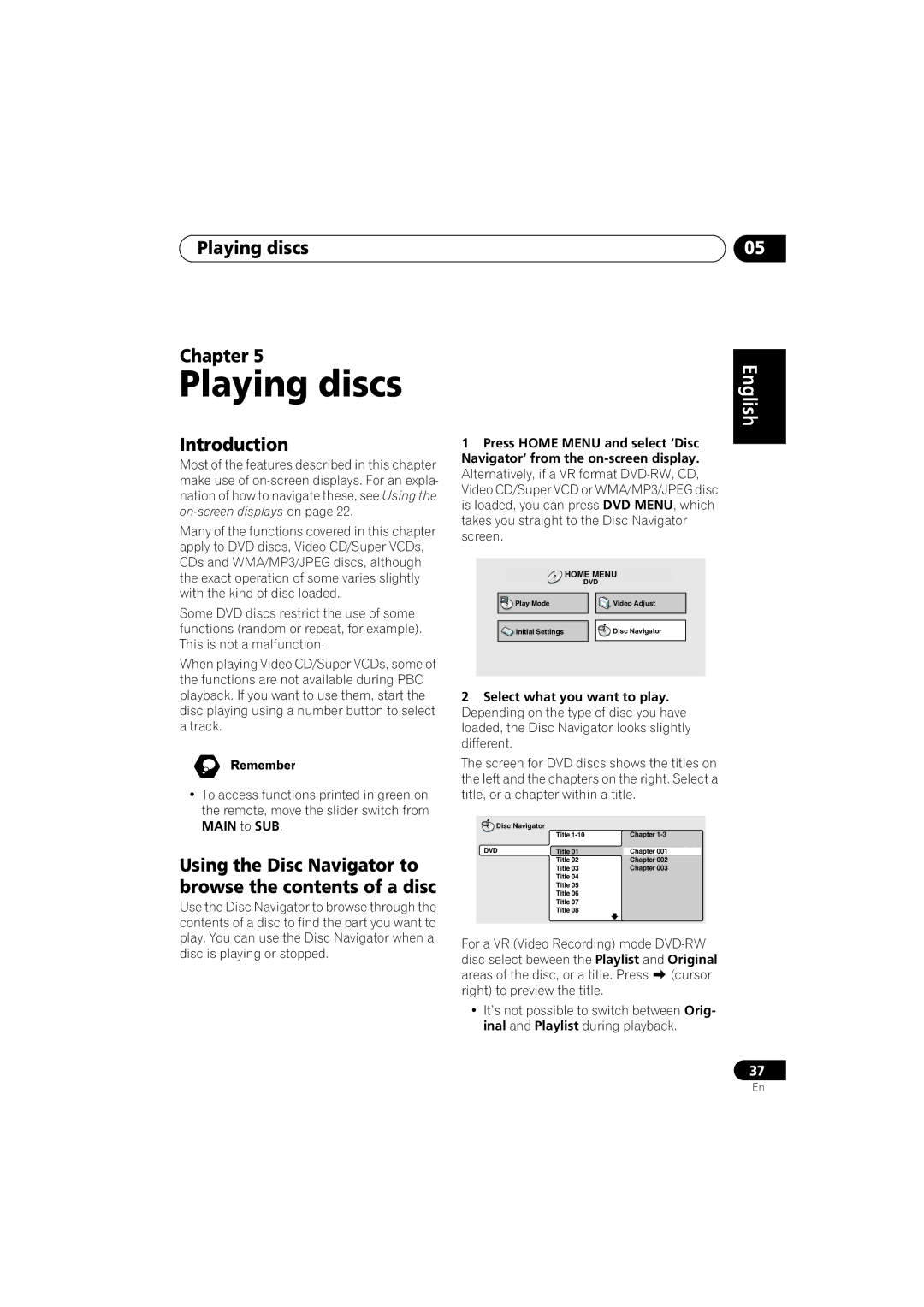 Pioneer XV-DV515, XW-DV515, S-DV515 operating instructions Playing discs Chapter, Introduction 