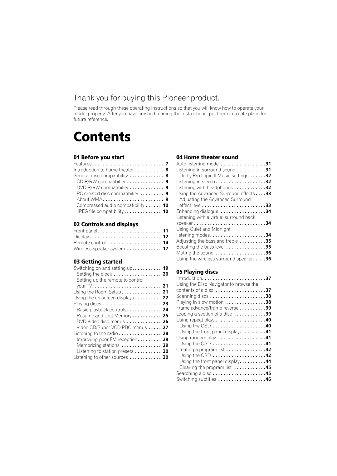 Pioneer XV-DV515, XW-DV515, S-DV515 operating instructions Contents 