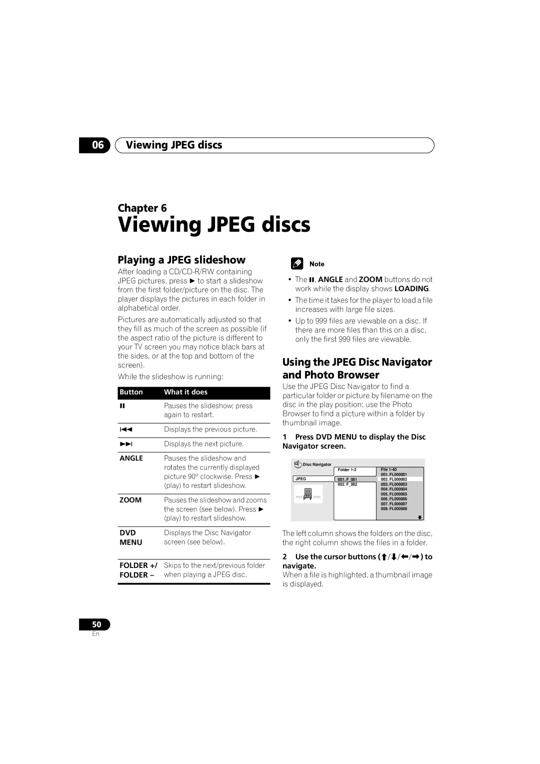 Pioneer S-DV515, XW-DV515 Viewing Jpeg discs Chapter, Playing a Jpeg slideshow, Use the cursor buttons Navigate 