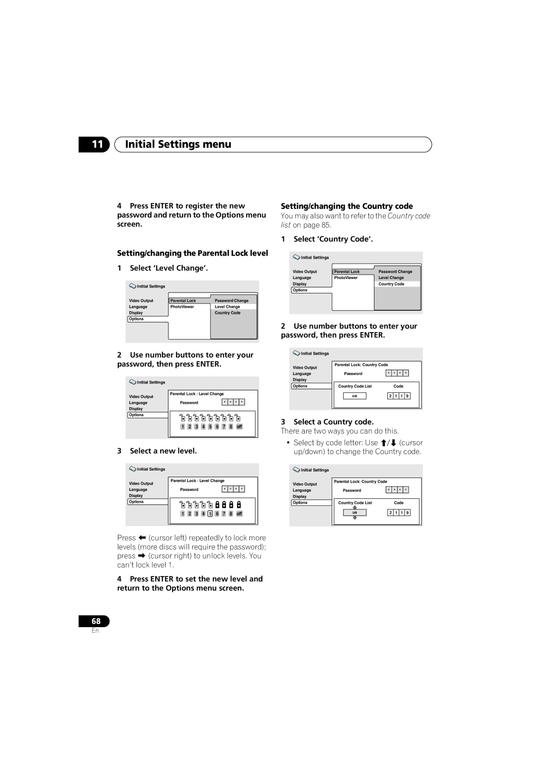 Pioneer S-DV515, XW-DV515, XV-DV515 Setting/changing the Parental Lock level, Setting/changing the Country code 