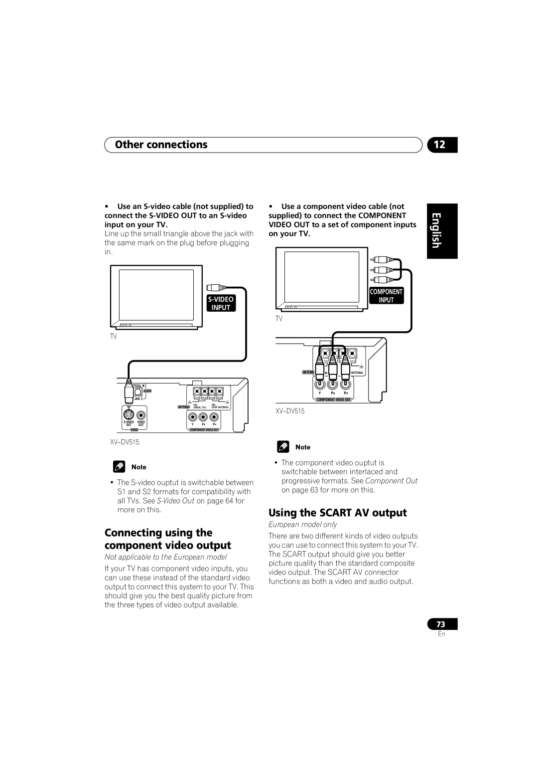 Pioneer XV-DV515, XW-DV515, S-DV515 Connecting using the component video output, Using the Scart AV output 